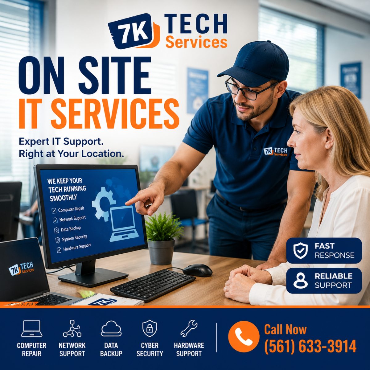 A uniformed 7K Tech Services technician points at a desktop monitor while a woman watches, with on-screen and overlaid text promoting on-site IT services.